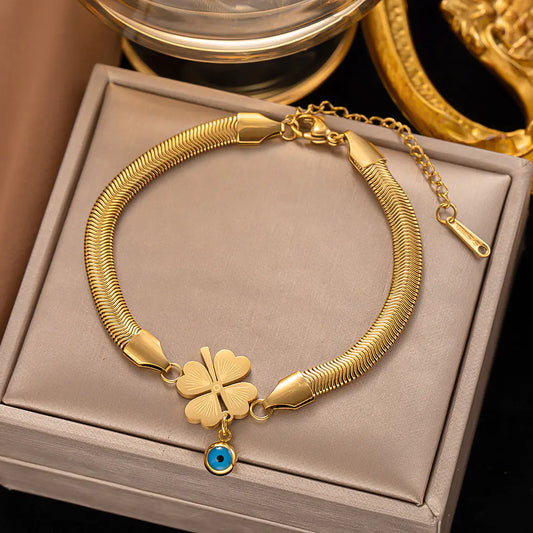 Gold Titanium Steel Snake Bone Heart Evil Eye Bracelet