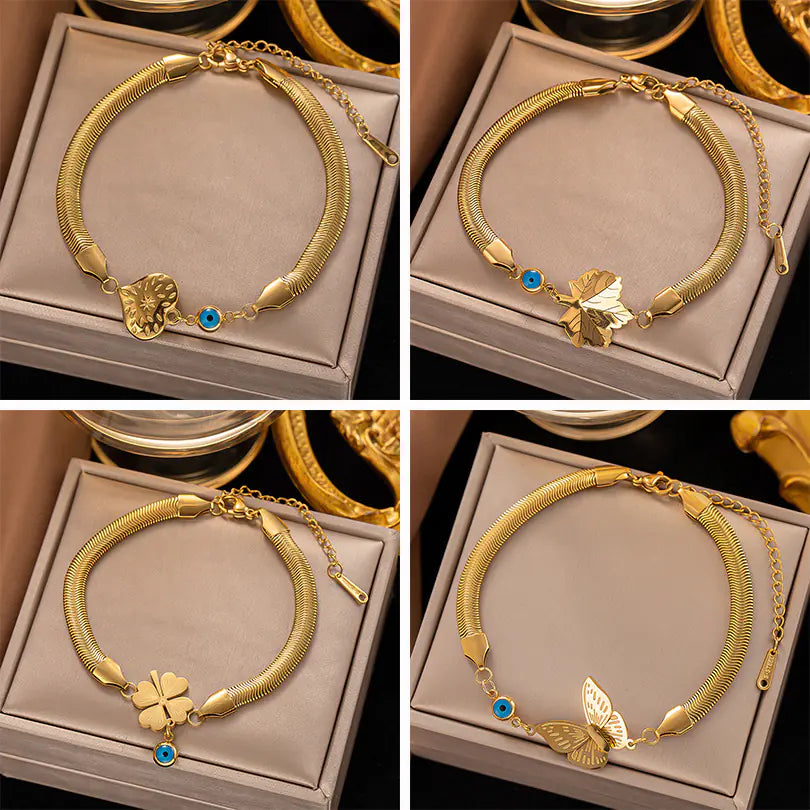 Gold Titanium Steel Snake Bone Heart Evil Eye Bracelet