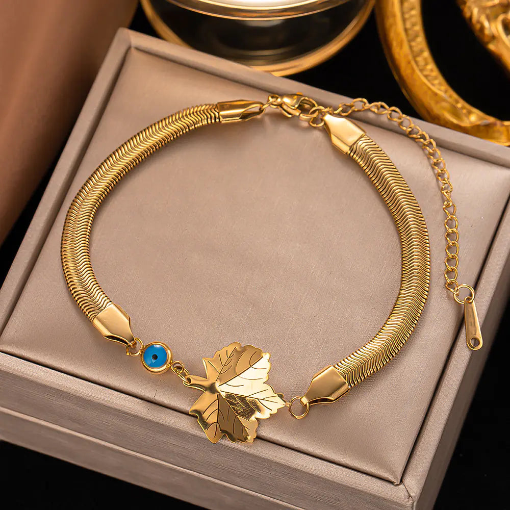 Gold Titanium Steel Snake Bone Heart Evil Eye Bracelet