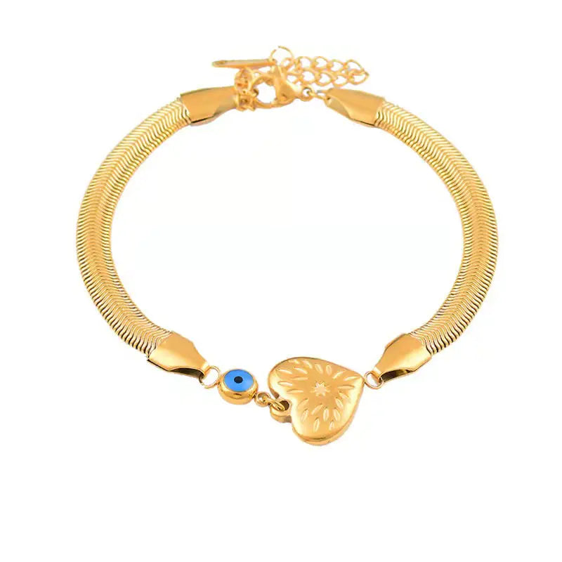 Gold Titanium Steel Snake Bone Heart Evil Eye Bracelet