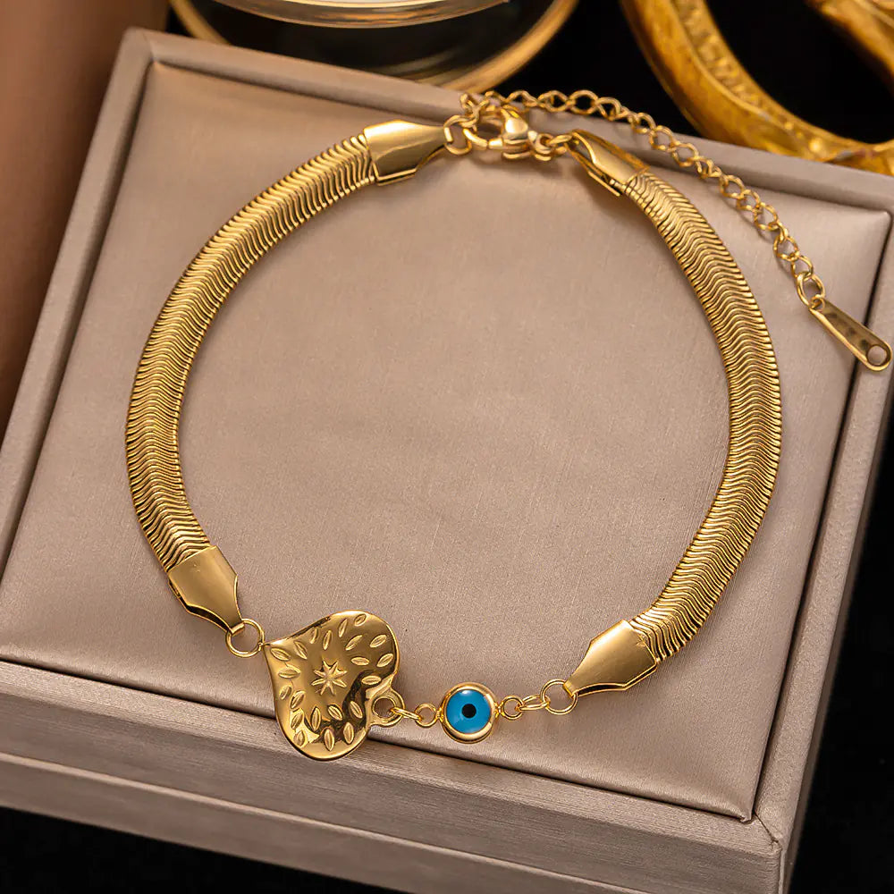 Gold Titanium Steel Snake Bone Heart Evil Eye Bracelet