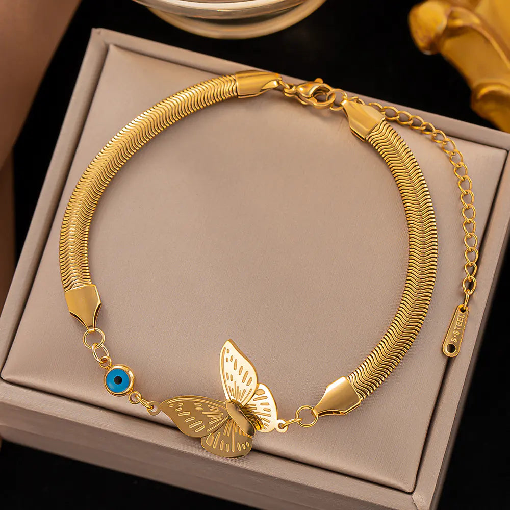 Gold Titanium Steel Snake Bone Heart Evil Eye Bracelet